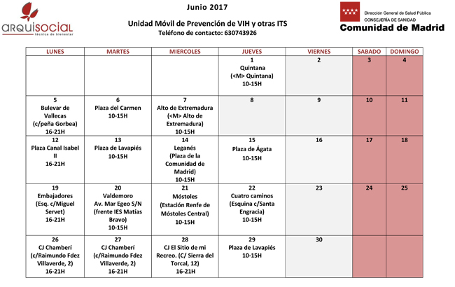 Calendario de Junio de la Unidad Movil de Prevención de VIHp