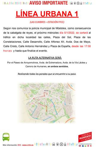 Desvio de transporte público por Cabalgata de Reyes Mayos Línea Urbana 1 p