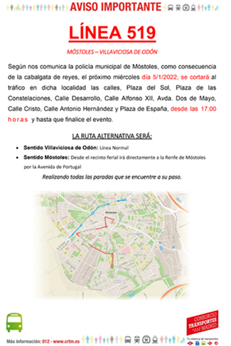 Desvio de transporte público por Cabalgata de Reyes Mayos Línea 519 p