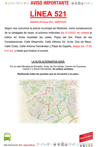 Desvio de transporte público por Cabalgata de Reyes Mayos Línea 521 p