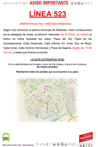 Desvio de transporte público por Cabalgata de Reyes Mayos Línea 523 p