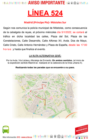 Desvio de transporte público por Cabalgata de Reyes Mayos Línea 524 p