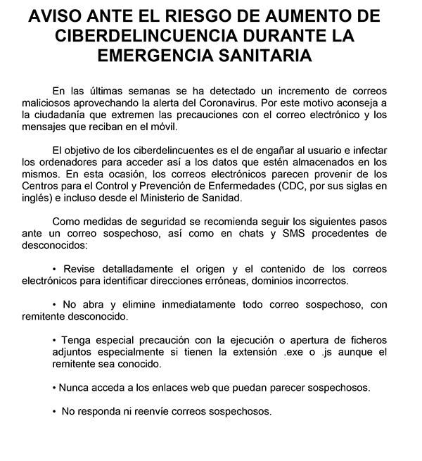 Aviso ante el Riesgo de Aumento de Ciberdelincuencia durante la Emergencia Sanitaria p