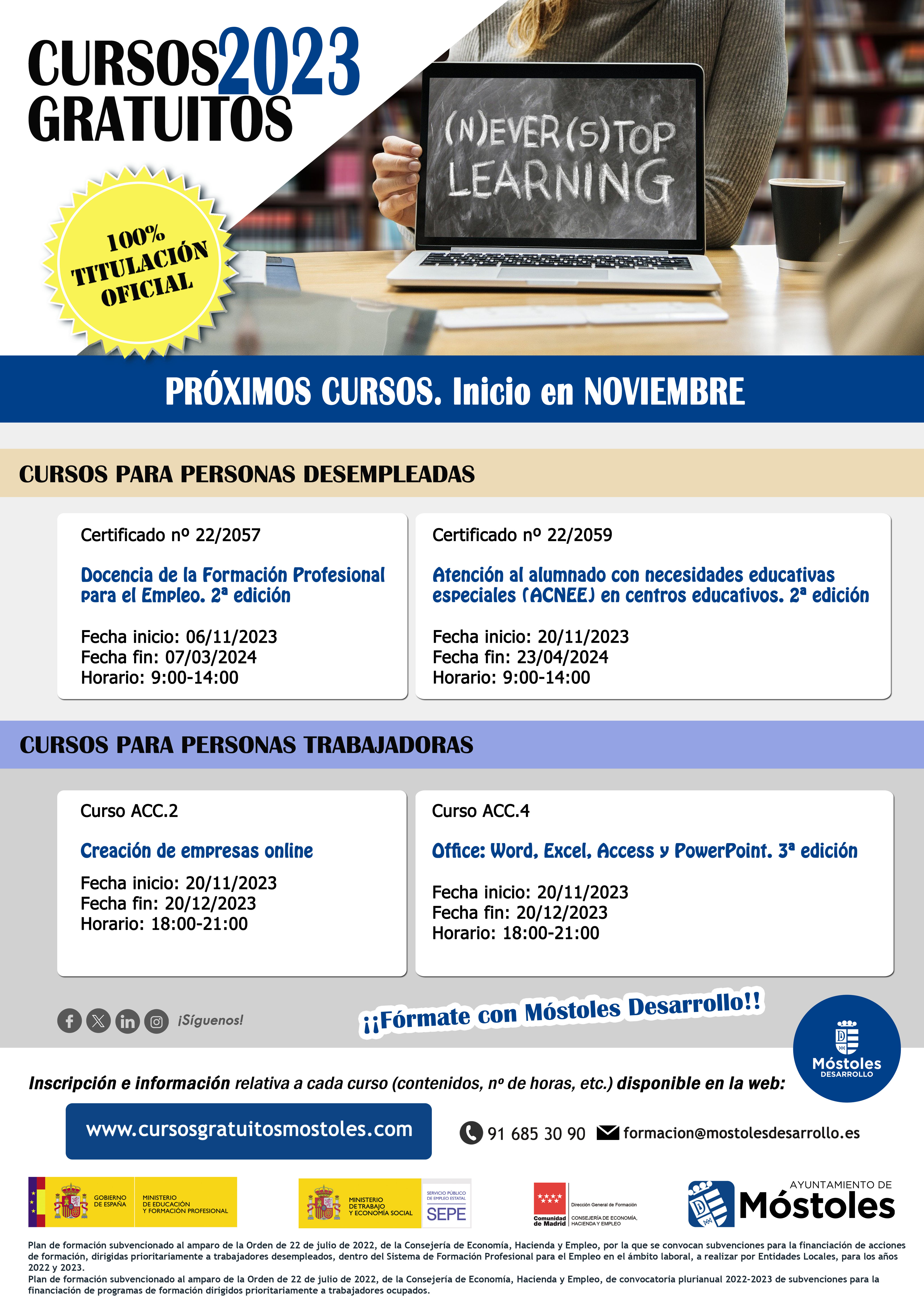 Móstoles Desarrollo ofrece en noviembre cuatro nuevos cursos para trabajadores desempleados y ocupados