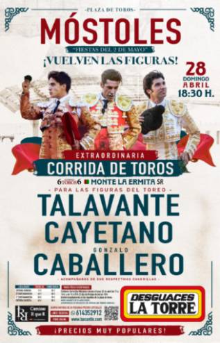 Talavante, Cayetano y Caballero protagonizan el cartel taurino de las Fiestas del 2 de Mayo