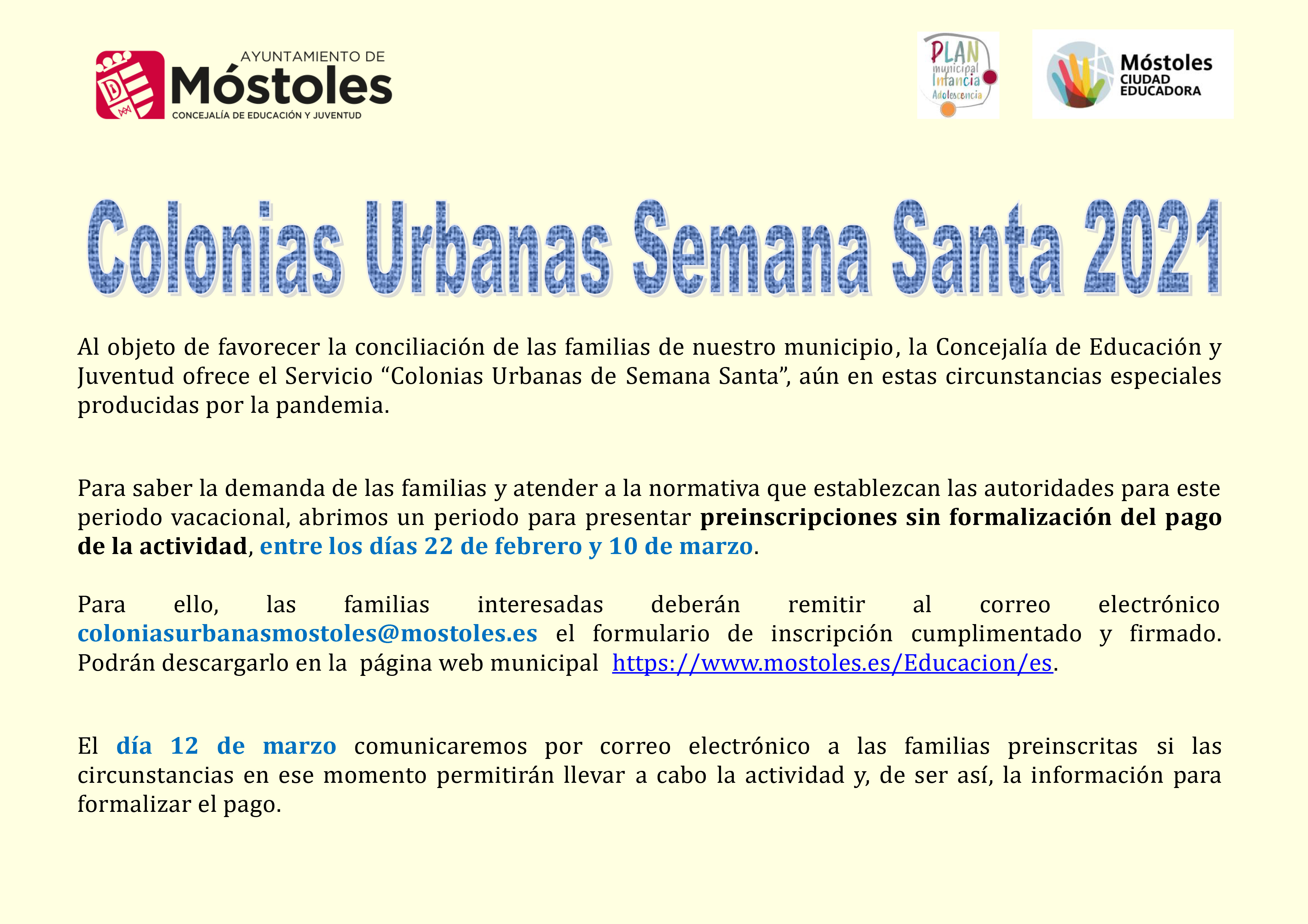 Cartel Preinscripciones Colonias Urbanas Semana Santa 2021P