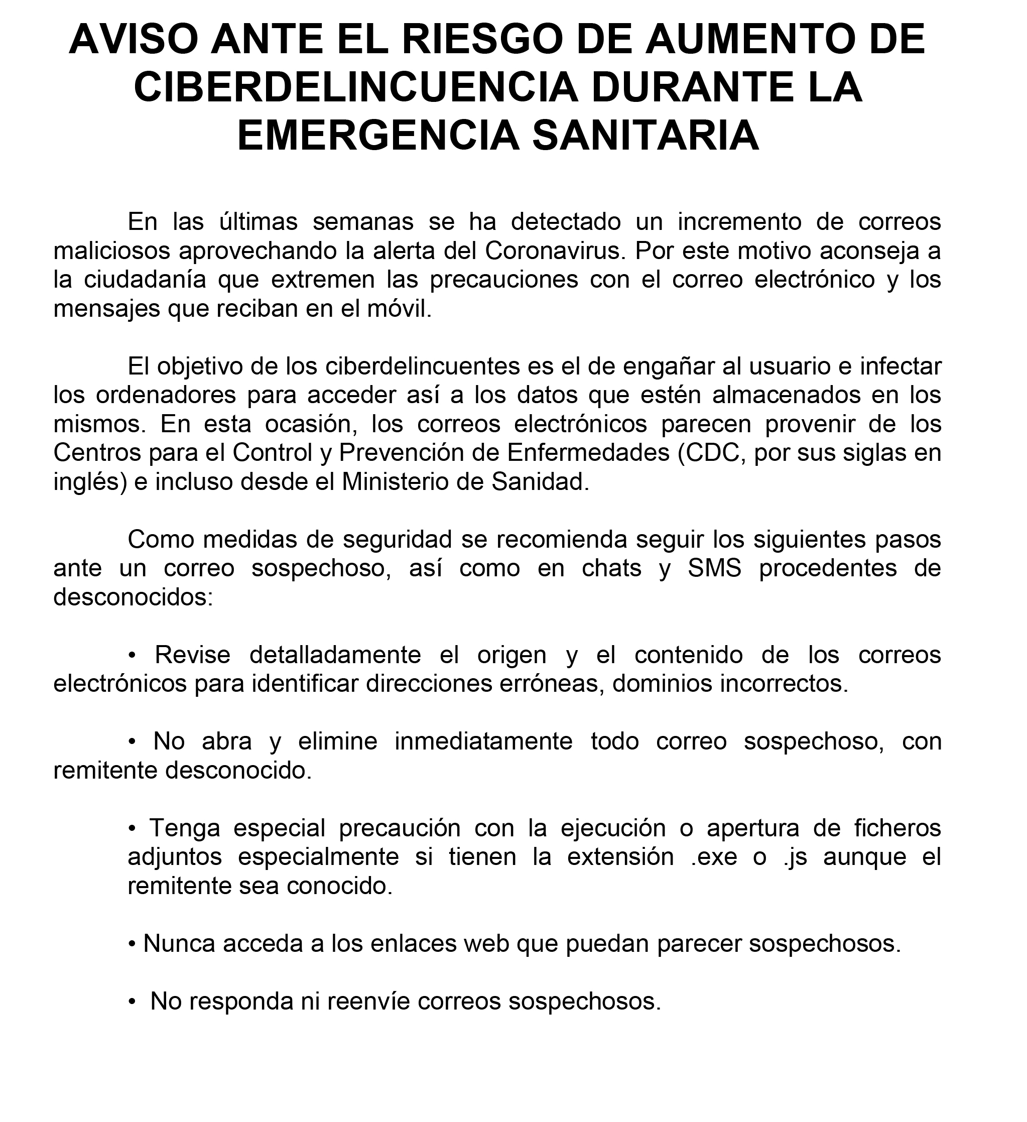 Aviso ante el Riesgo de Aumento de Ciberdelincuencia durante la Emergencia Sanitaria p