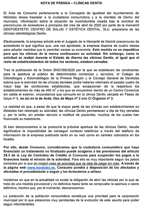 Aviso Urgente Informacion Clinica Dental Dentix Mostoles Consumo